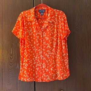 Evan Picone capped sleeved orange sheer blouse with tan polka dots. Size 16W